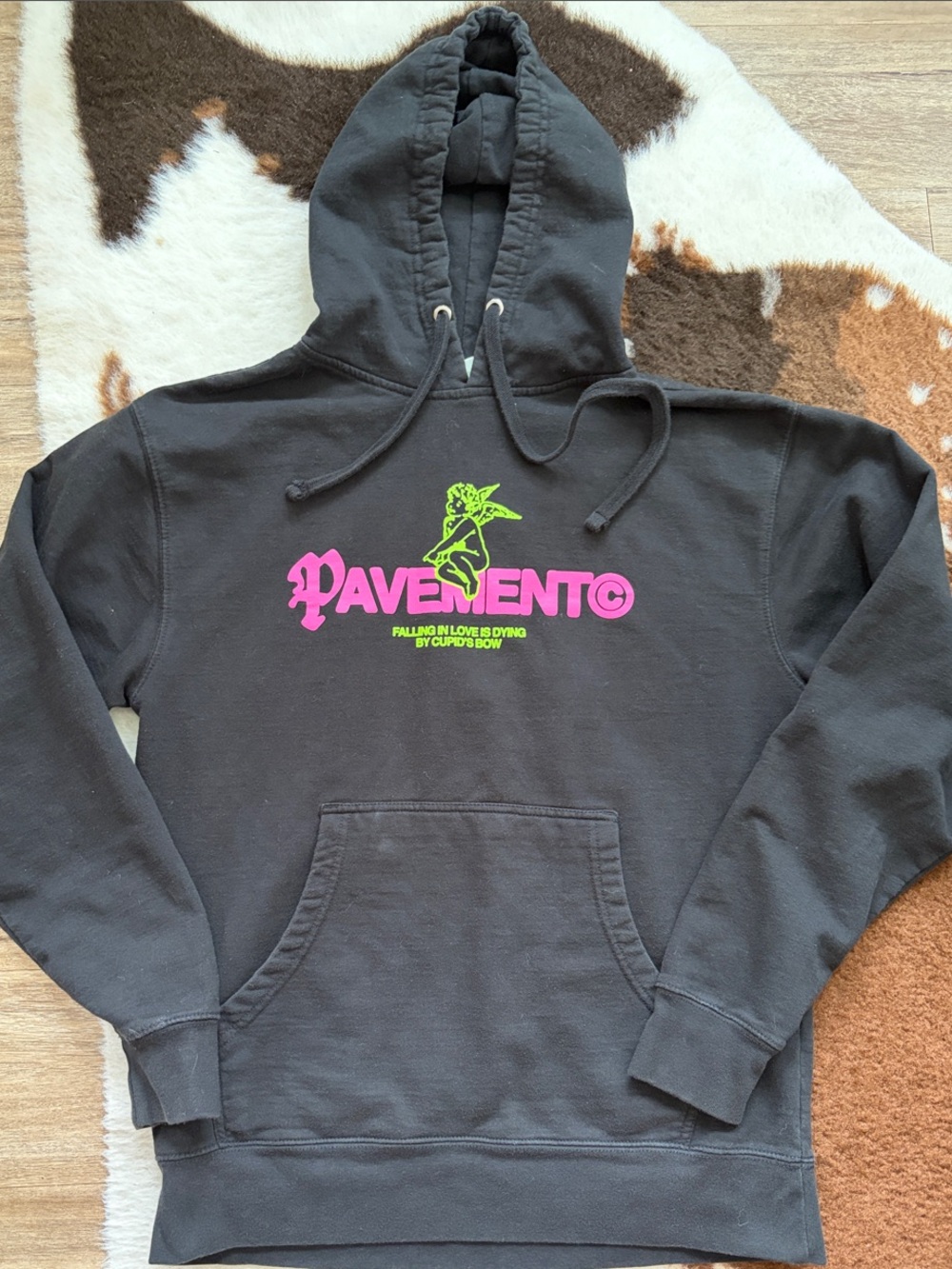 Pavement Black Hoodie with Pink Logo and Neon Green Cherub